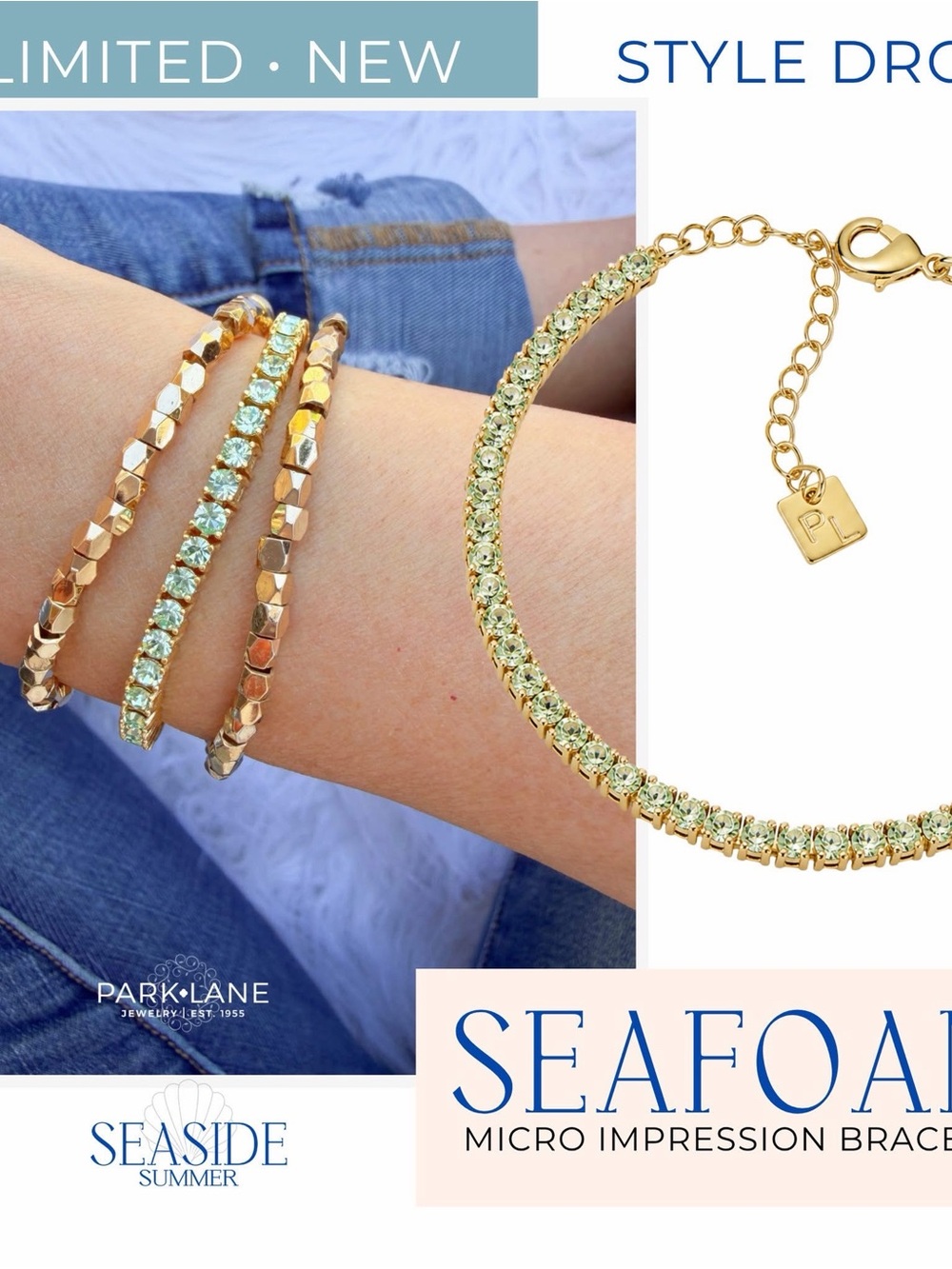 Park Lane Seafoam Green and Gold Micro Impression Tennis Bracelet